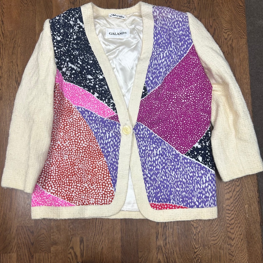 Vintage 80s Galanos Abstract Print Statement Blazer Ivory Colorblock Designer